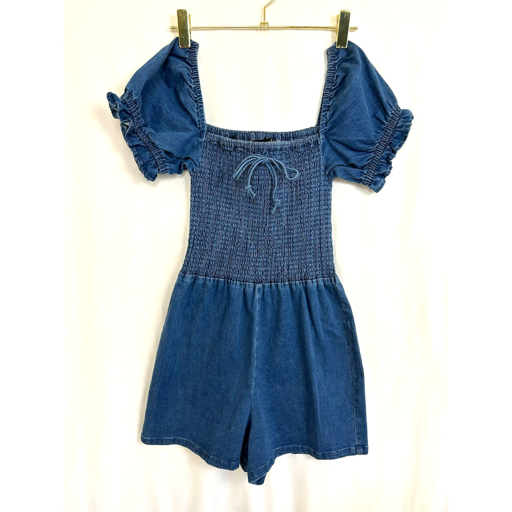 Chocolate USA Romper Women's Medium Blue Denim Cotton Square Neck Smocked Bust
